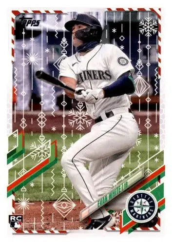 Baseball card from 2021 Topps Holiday Mega Box featuring Evan White Rookie Mariners