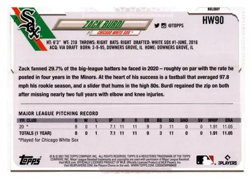 2021 Topps Holiday Mega Box #HW90 Zack Burdi NM-MT RC Rookie White Sox - Baseball Card Box