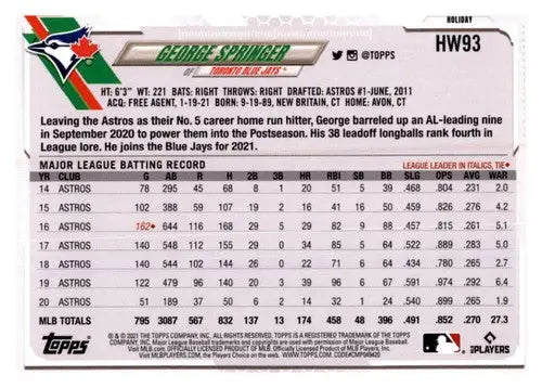 2021 Topps Holiday Mega Box #HW93 George Springer NM-MT Blue Jays - Baseball Card Single