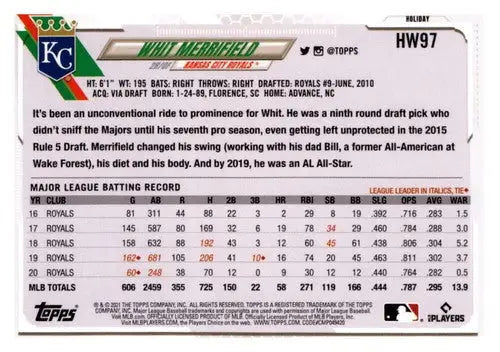 Whit Merrifield baseball card from 2021 Topps Holiday Mega Box featuring original gloss