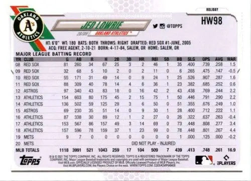 2021 Topps Holiday Mega Box #HW98 Jed Lowrie NM-MT Athletics - Baseball Card Box