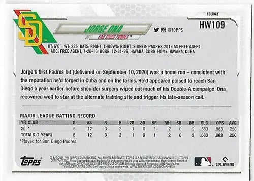 2021 Topps Holiday Mega Box Metallic #HW109 Jorge Ona NM-MT RC Rookie Padres - Baseball Card Single