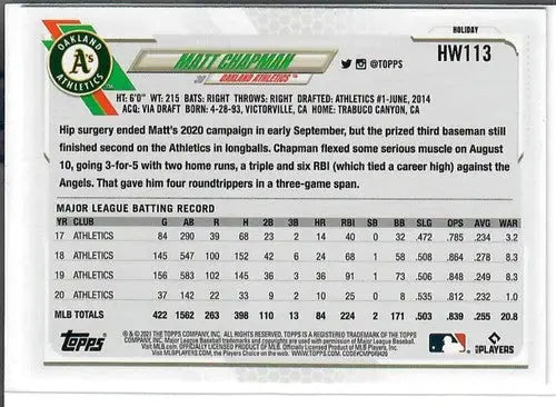 2021 Topps Holiday Mega Box Metallic #HW113 Matt Chapman NM-MT Athletics - Baseball Card Single