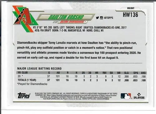 2021 Topps Holiday Mega Box Metallic #HW136 Daulton Varsho NM-MT RC Rookie Diamo - Baseball Card Single