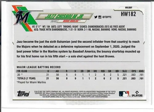 Back of Jazz Chisholm Jr. baseball trading card from 2021 Topps Holiday Mega Box
