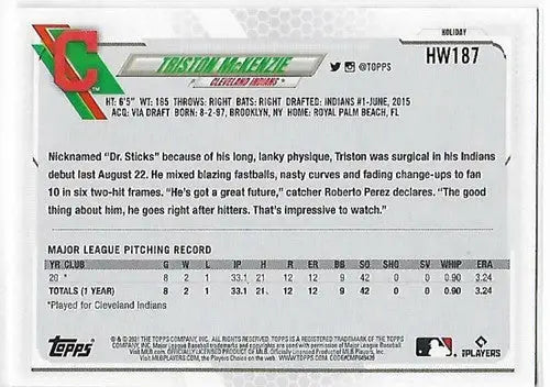 Baseball card back with original gloss from 2021 Topps Holiday Mega Box featuring Triston McKenzie rookie