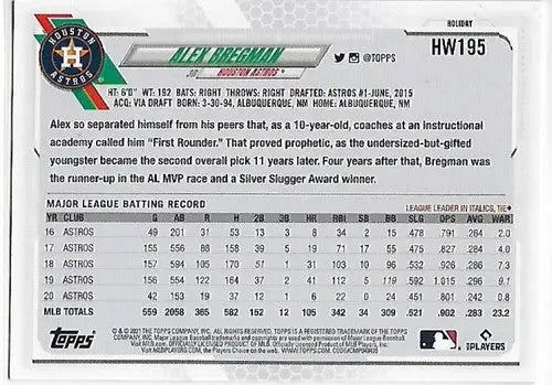 Baseball card back from 2021 Topps Holiday Mega Box Metallic featuring Alex Bregman