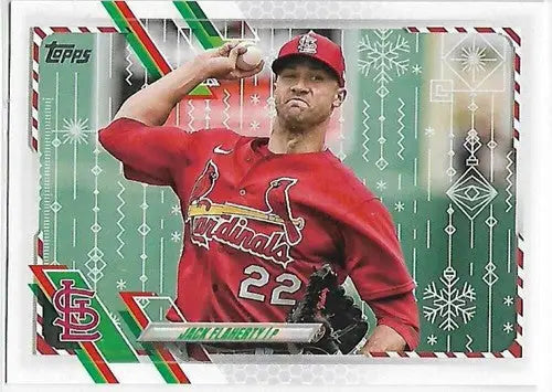 Baseball trading card featuring pitcher in red uniform from 2021 Topps Holiday Mega Box