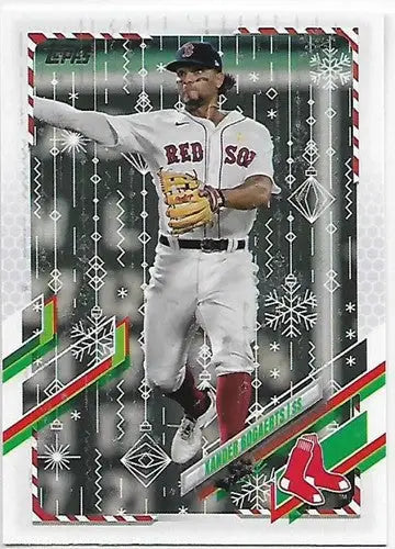 Baseball trading card featuring Xander Bogaerts in Boston Red Sox uniform on holiday-themed background from Topps Holiday Mega box