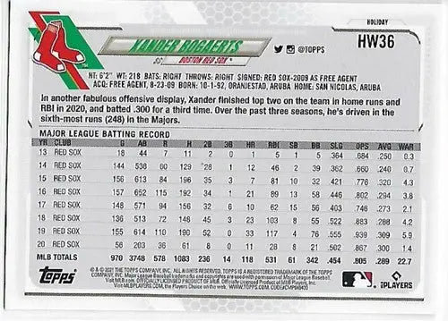 Baseball trading card featuring Xander Bogaerts career stats from 2021 Topps Holiday Mega Box