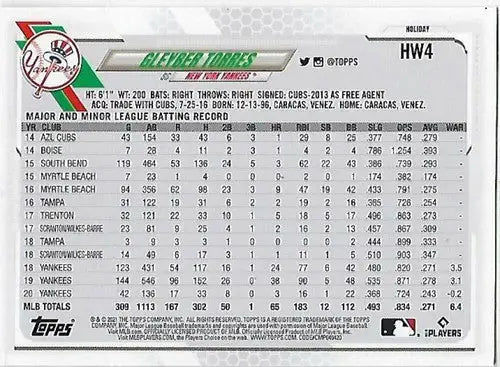 2021 Topps Holiday Mega Box Metallic #HW4 Gleyber Torres NM-MT Yankees - Baseball Card Box