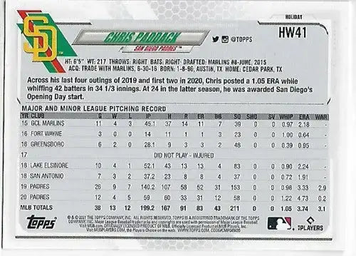 2021 Topps Holiday Mega Box Metallic #HW41 Chris Paddack NM-MT Padres - Baseball Card Single