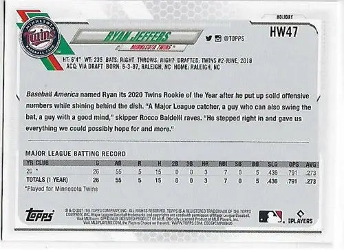 2021 Topps Holiday Mega Box Metallic #HW47 Ryan Jeffers NM-MT RC Rookie Twins - Baseball Card Box