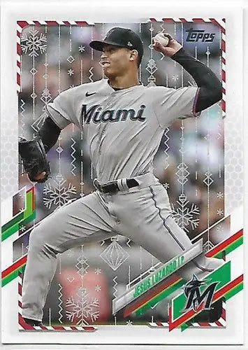 Original gloss baseball trading card of Jesus Luzardo Marlins from 2021 Topps Holiday Mega Box
