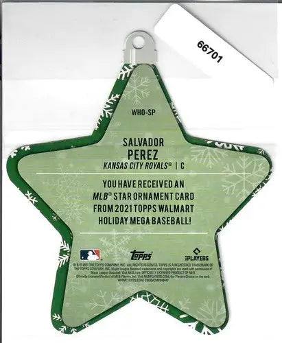 Green star-shaped Salvador Perez baseball card ornament from Topps Holiday Mega Box