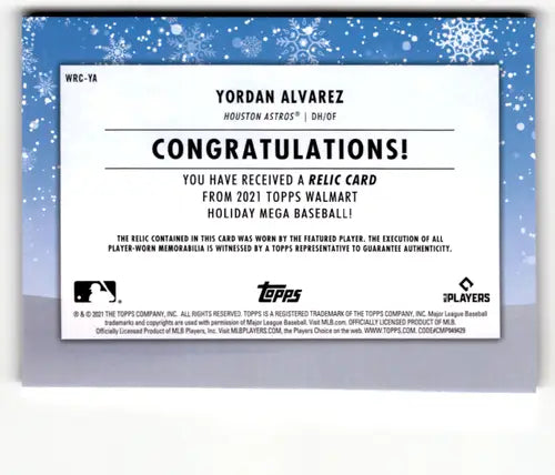2021 Topps Holiday Mega Box Relics #WRC-YA Yordan Alvarez NM-MT MEM Ast ID:49973 - Baseball Card Single