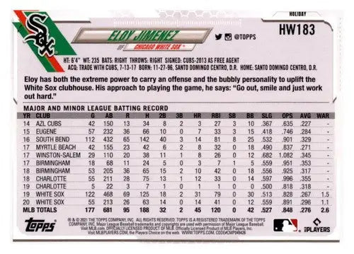 Baseball card back with original gloss from 2021 Topps Holiday Mega Box featuring simply Sandoval sports cards