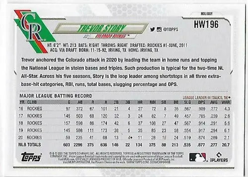 2021 Topps Holiday Mega Box Short Print Variations #HW196 Trevor Story NM-MT SP - Baseball Card Box