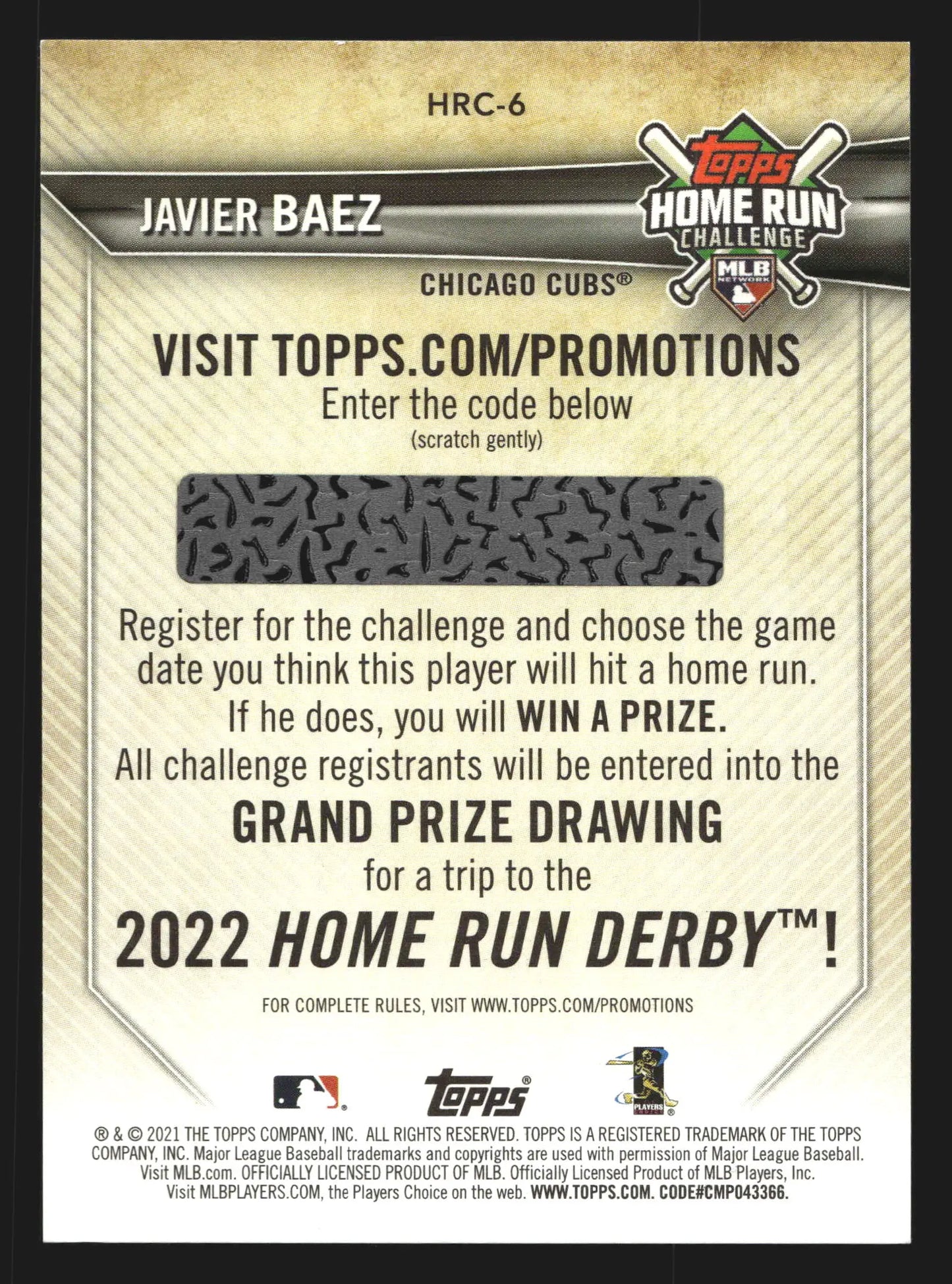 2021 Topps #HRC-6 Javier Baez Home Run Challenge Chicago Cubs - Baseball Card Single