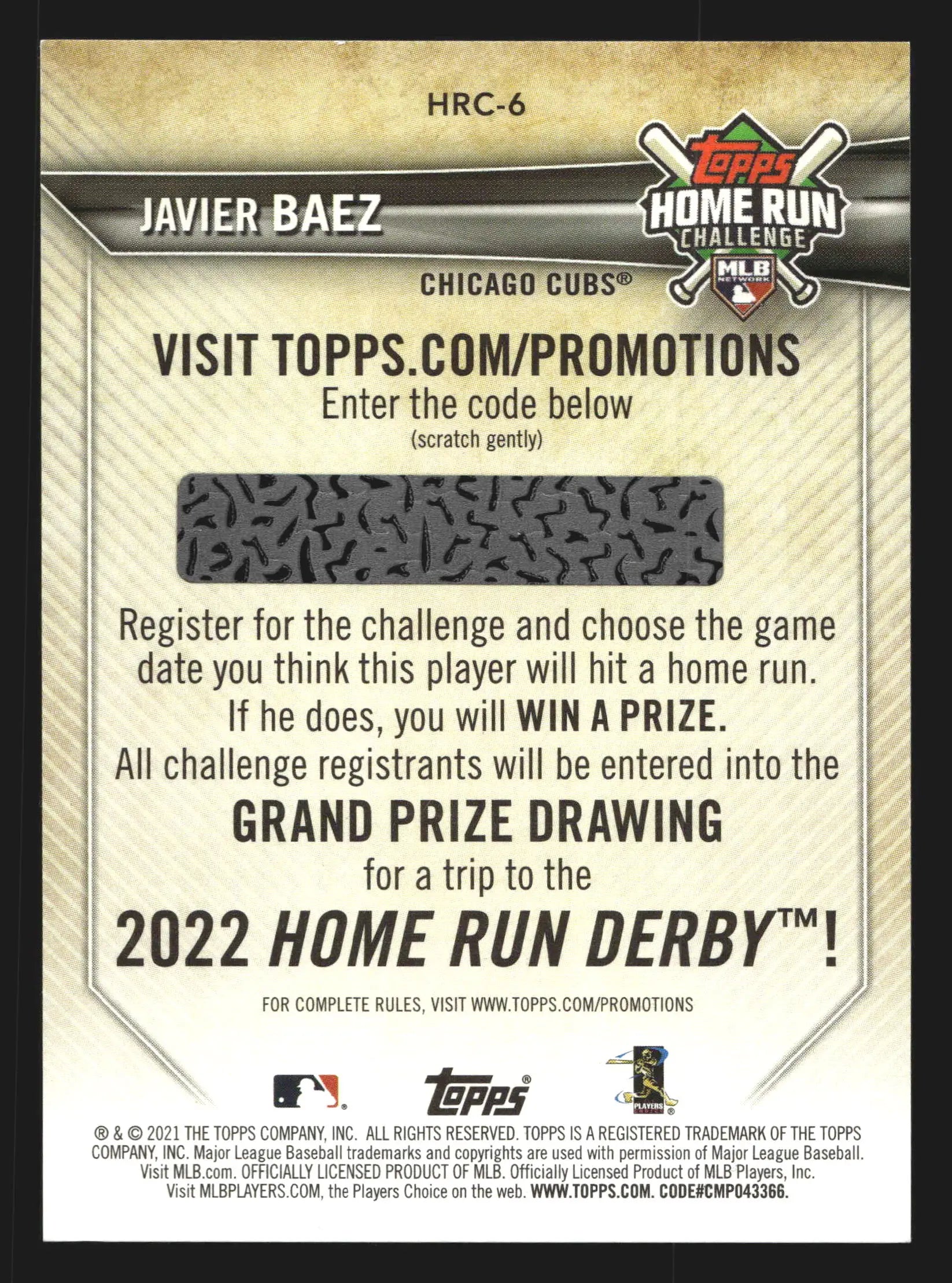 2021 Topps #HRC-6 Javier Baez Home Run Challenge Chicago Cubs - Baseball Card Single