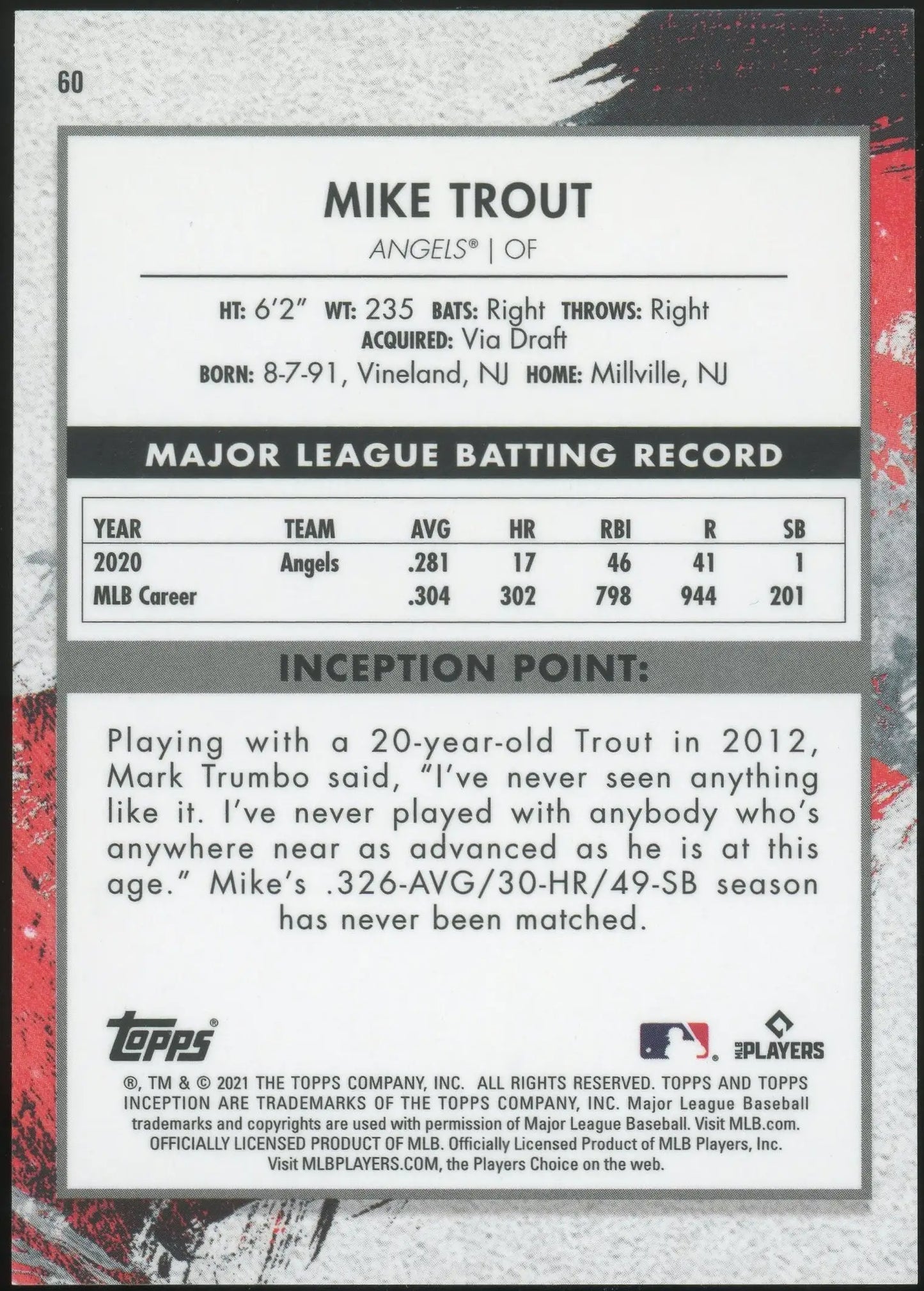 2021 Topps Inception Mike Trout #60 Los Angeles Angels - Baseball Card Single