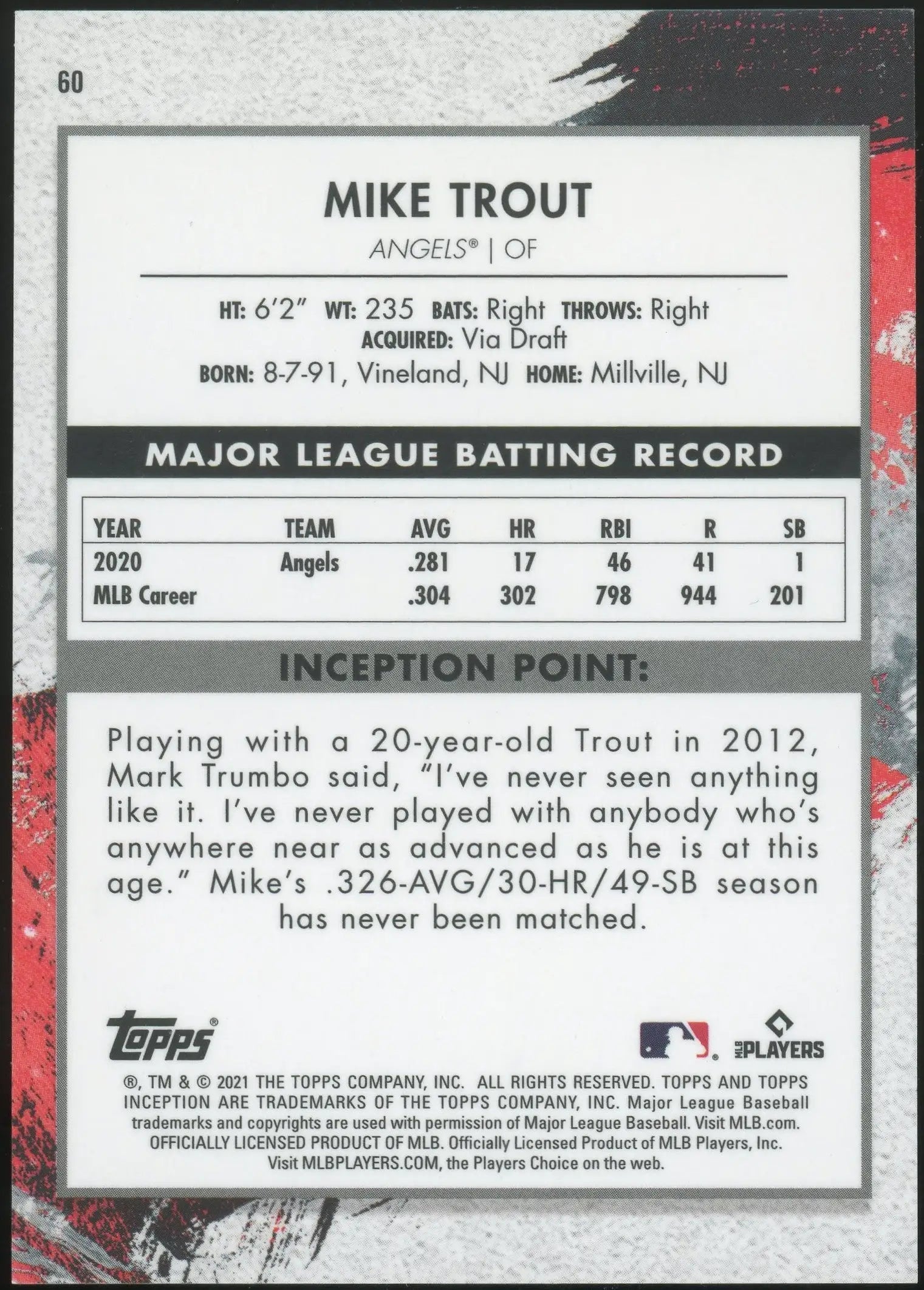 2021 Topps Inception Mike Trout #60 Los Angeles Angels - Baseball Card Single