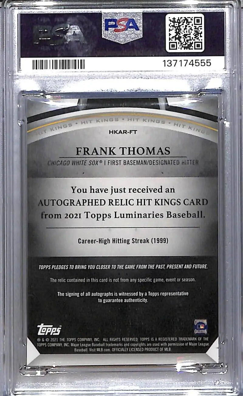 2021 Topps Luminaries Hit Kings #HKAR-FT Frank Thomas PSA 9 MINT MEM Auto 4/15 Chicago White Sox - Baseball Card Single