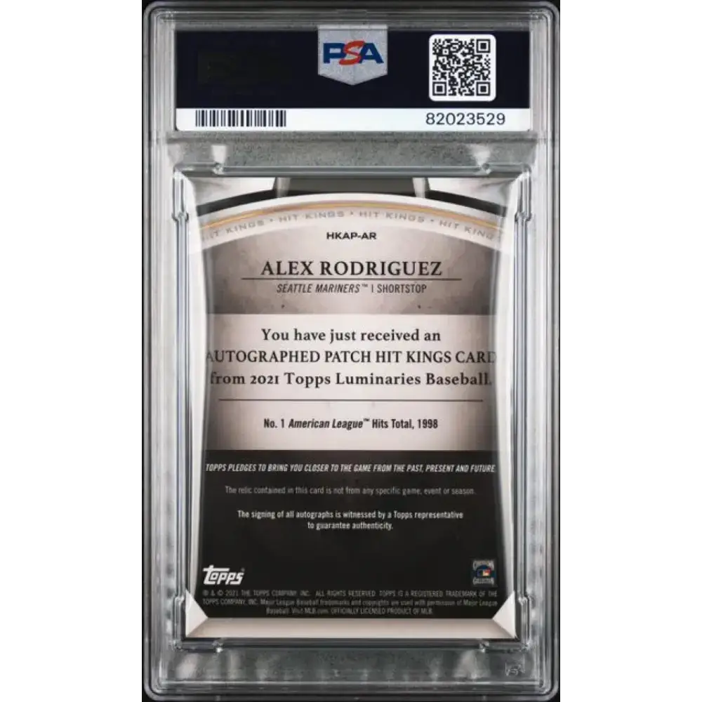 2021 Topps Luminaries Hit Kings Patches #HKAP-AR Alex Rodriguez PSA 8 NM-MT MEM Auto 8/15 Seattle Mariners Baseball