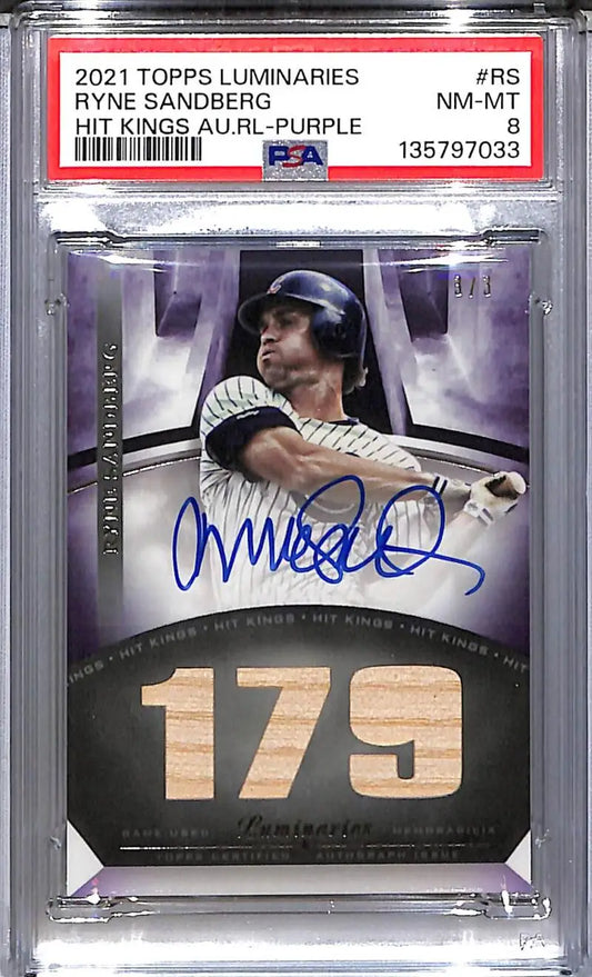 2021 Topps Luminaries Hit Kings Purple #HKAR-RS Ryne Sandberg PSA 8 NM-MT MEM Auto 3/3 Chicago Cubs - Baseball Card