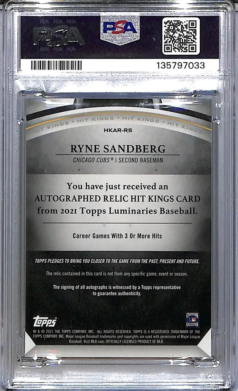 2021 Topps Luminaries Hit Kings Purple #HKAR-RS Ryne Sandberg PSA 8 NM-MT MEM Auto 3/3 Chicago Cubs - Baseball Card