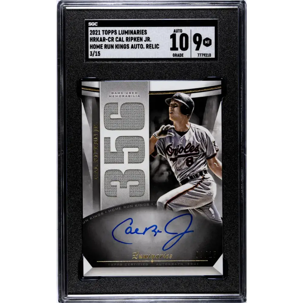 2021 Topps Luminaries Hit Kings Relics #HKAR-CR Cal Ripken Jr. SGC 9 MINT MEM Auto 3/15 Baltimore Orioles Baseball Card