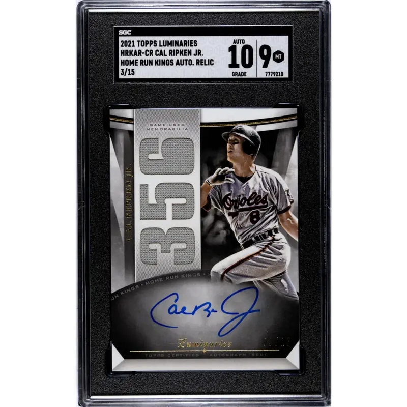 2021 Topps Luminaries Hit Kings Relics #HKAR-CR Cal Ripken Jr. SGC 9 MINT MEM Auto 3/15 Baltimore Orioles Baseball Card