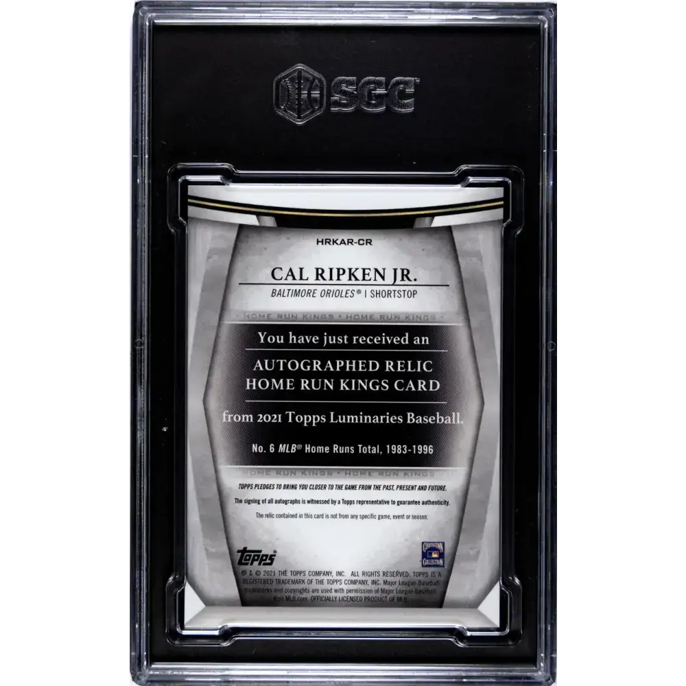 2021 Topps Luminaries Hit Kings Relics #HKAR-CR Cal Ripken Jr. SGC 9 MINT MEM Auto 3/15 Baltimore Orioles Baseball Card