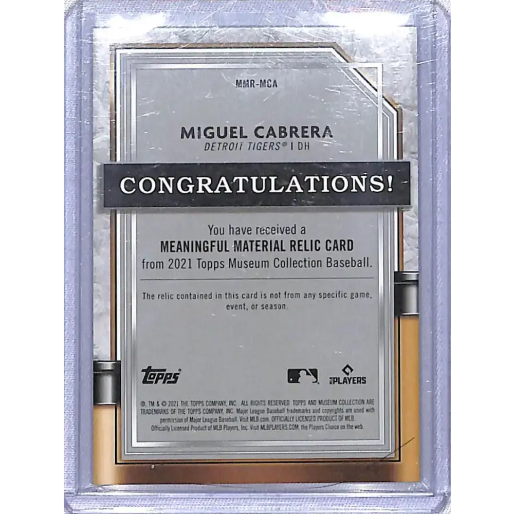 2021 Topps Museum Collection Meaningful Material #MMR-MCA Miguel Cabrera NM-MT 09/10 Detroit Tigers - Baseball Card
