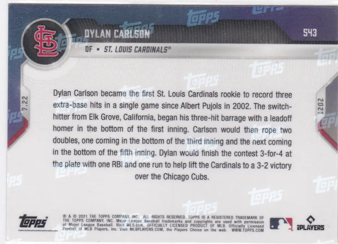 Dylan Carlson baseball card back from 2021 Topps N0w #543 St Louis Cardinals collection