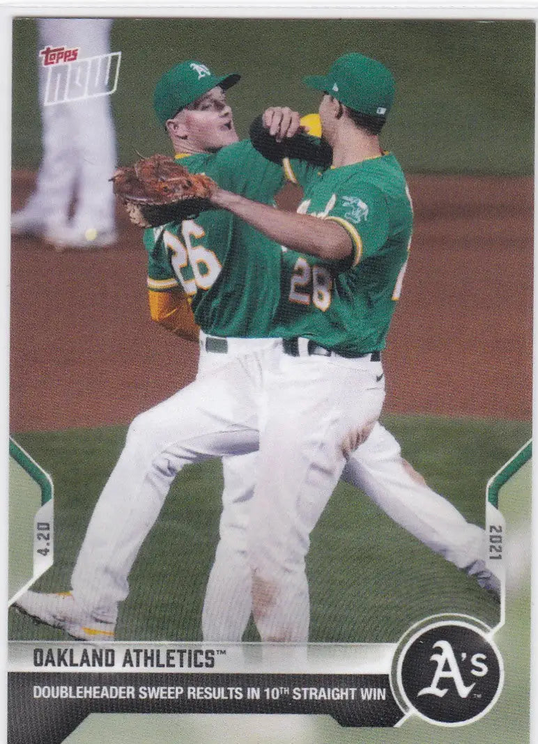 Baseball card featuring Oakland Athletics players celebrating from 2021 TOPPS NOW #105