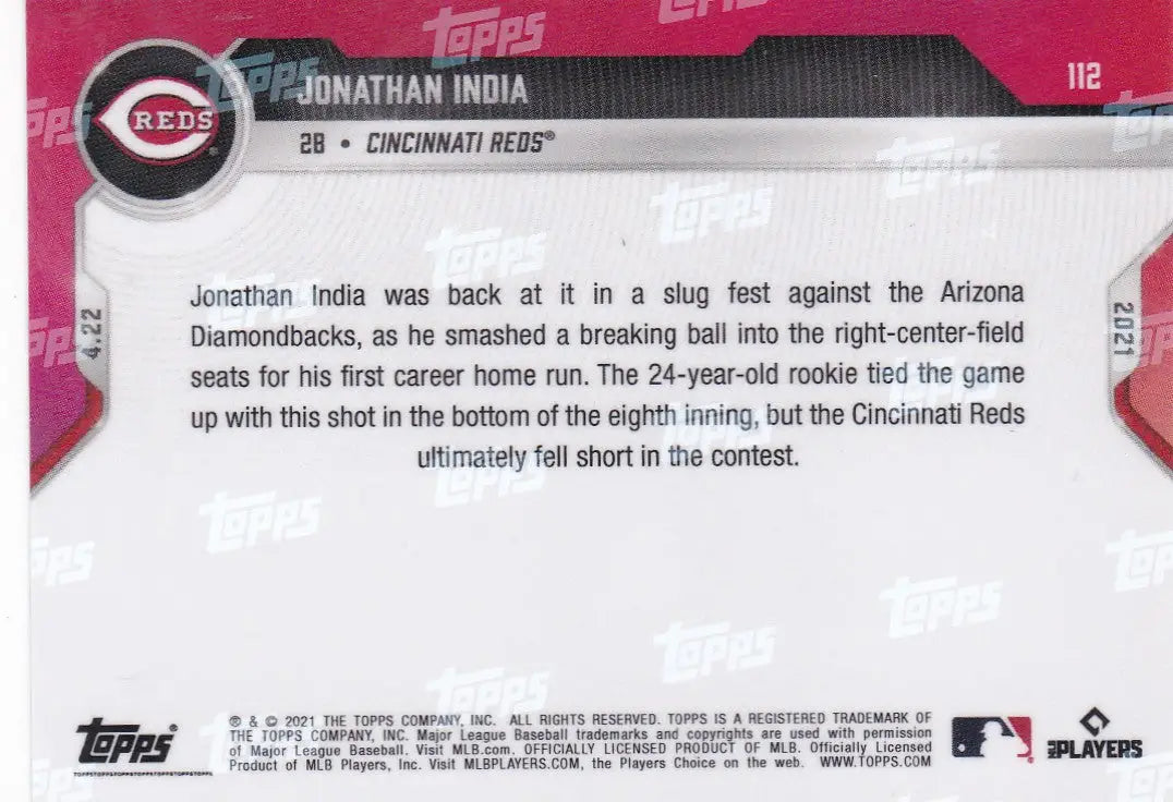 Jonathan India baseball card back from 2021 Topps Now Cincinnati Reds collectible