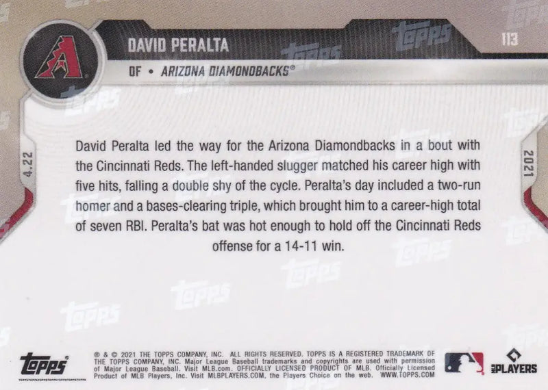 Baseball card back of 2021 Topps Now #113 David Peralta - Arizona Diamondbacks