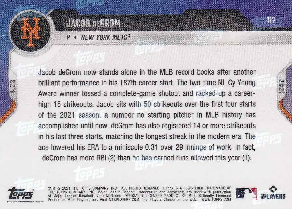 Jacob deGrom baseball card back for 2021 Topps Now New York Mets trading cards