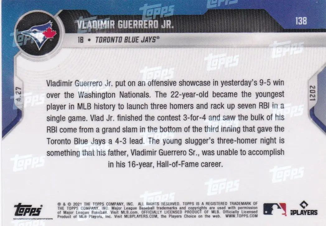 Baseball card back of 2021 Topps Now #138 Vladimir Guerrero Jr. - Toronto Blue Jays