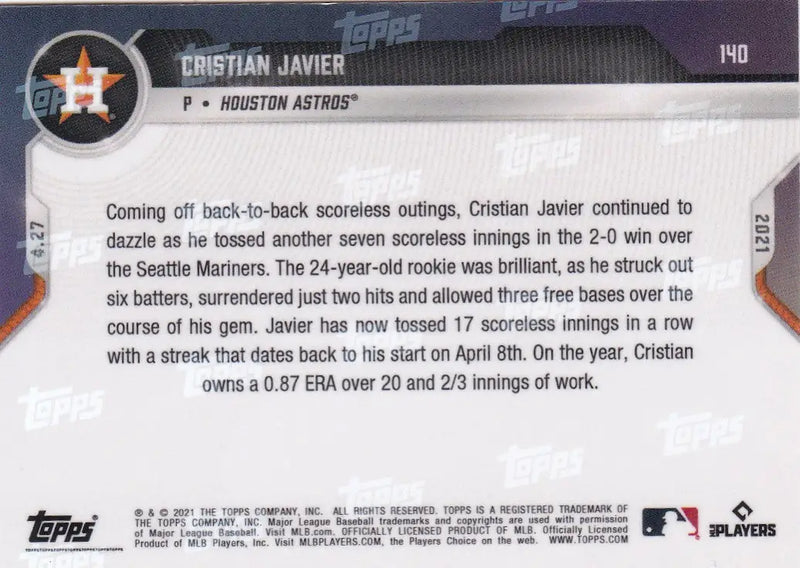 Cristian Javier baseball card from 2021 TOPPS NOW featuring Houston Astros player