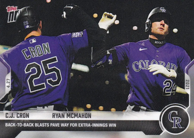 Baseball card featuring C.J. Cron and Ryan McMahon from 2021 TOPPS NOW #142 Colorado Rockies