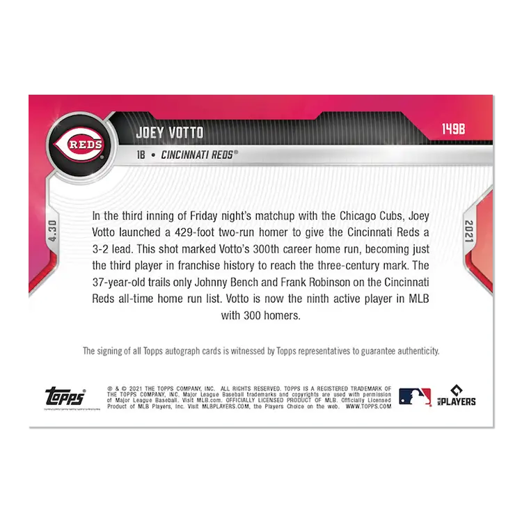 Baseball card of Joey Votto, Cincinnati Reds, celebrating his 300th career HR