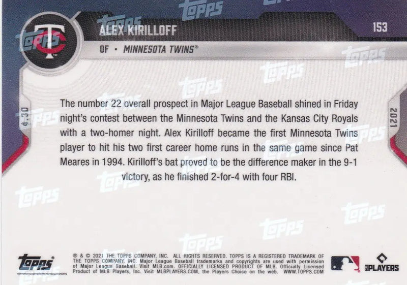 Back of 2021 Topps NOW Alex Kirilloff Minnesota Twins baseball card with stats and highlights
