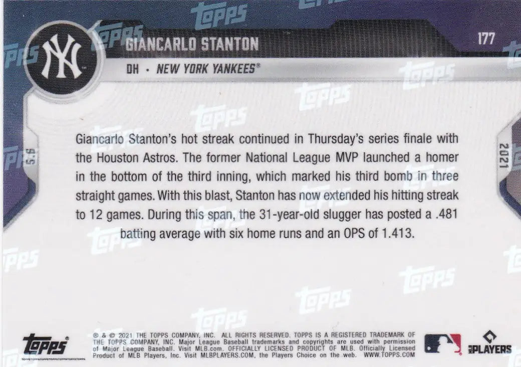 Back of 2021 Topps Now #177 Giancarlo Stanton baseball card for New York Yankees fans