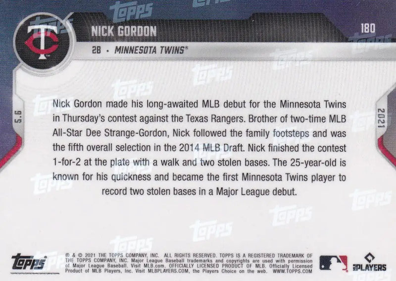 Baseball card back of 2021 Topps Now #180 Nick Gordon - Minnesota Twins