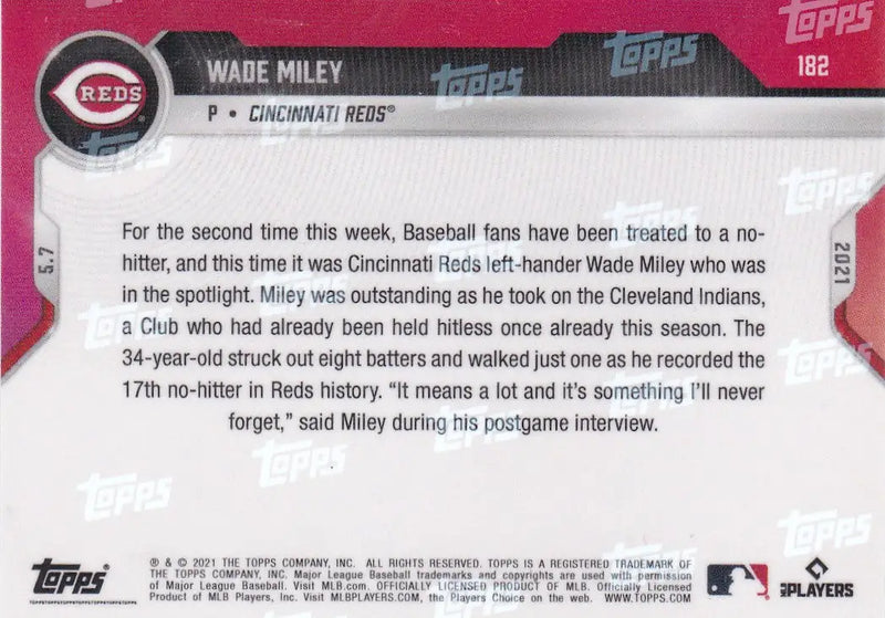 Back of 2021 Topps Now #182 Wade Miley- Cincinnati Reds baseball card