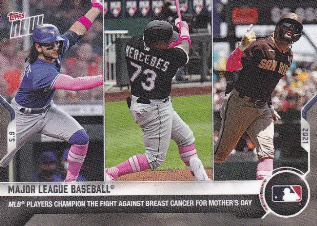 Baseball card featuring players in pink for Breast Cancer Awareness, 2021 TOPPS NOW MLB