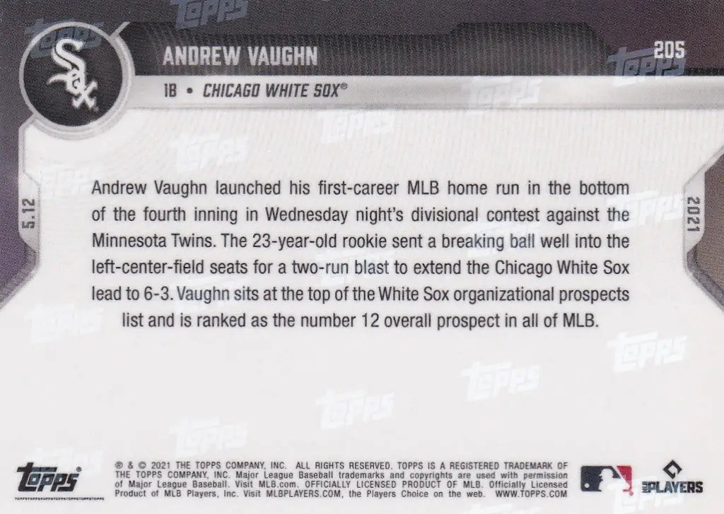 Andrew Vaughn baseball card back from 2021 Topps Now Chicago White Sox collection