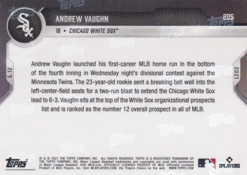 Andrew Vaughn baseball card back from 2021 Topps Now Chicago White Sox collection